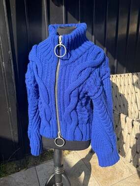 Off-White Virgil Abloh Cobalt Blue Virgin Wool Blend Cable Knit Zip-Up Sweater